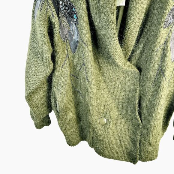 Cervelle Mohair Blend Cardigan Beaded Floral Applique Green Sweater Size L NEW - Picture 9 of 11